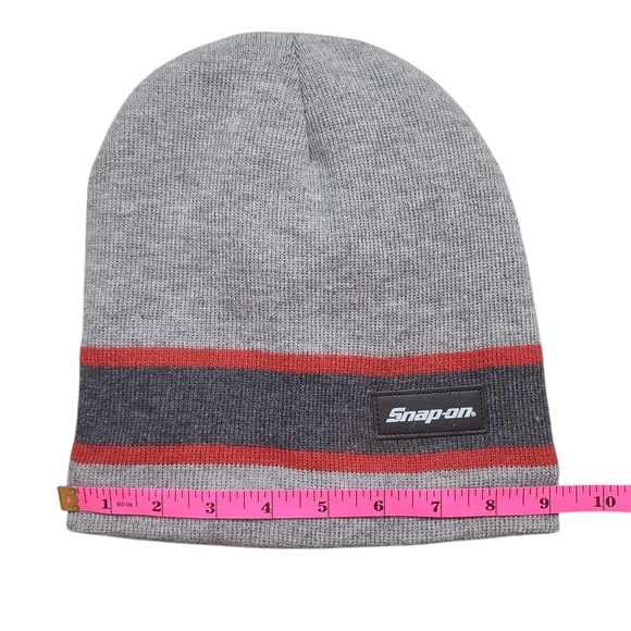 Snap-on Gray Knit Beanie Hat with Fleece Lining | Red Stripe | One Size - Picture 5 of 8